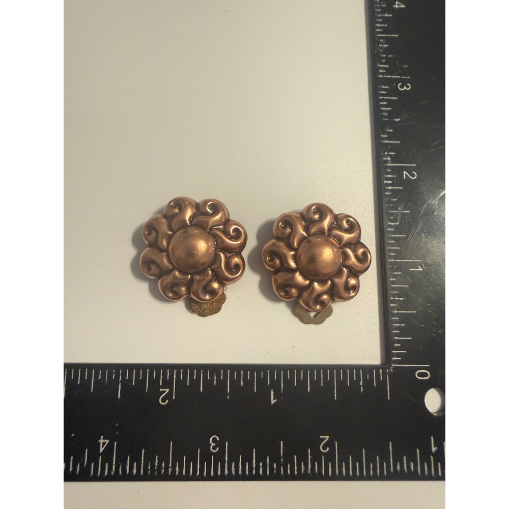 Vintage Copper Tone Sunburst Scroll Floral Clip‎ On Earrings Statement Studs